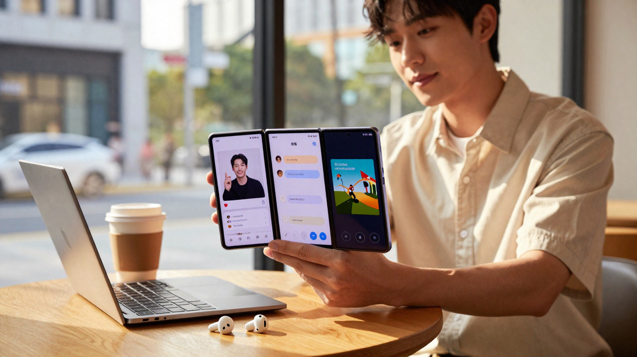 Homem mostrando celular dobrável com três telas abertas em mesa com notebook e fones de ouvido.