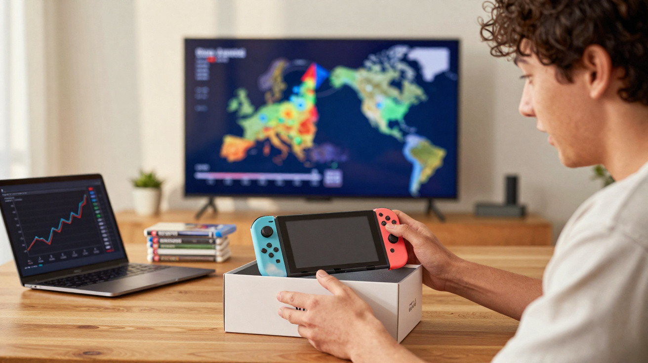 Jovem segurando console Nintendo Switch próximo a computador, jogos empilhados e TV com mapa e gráfico.