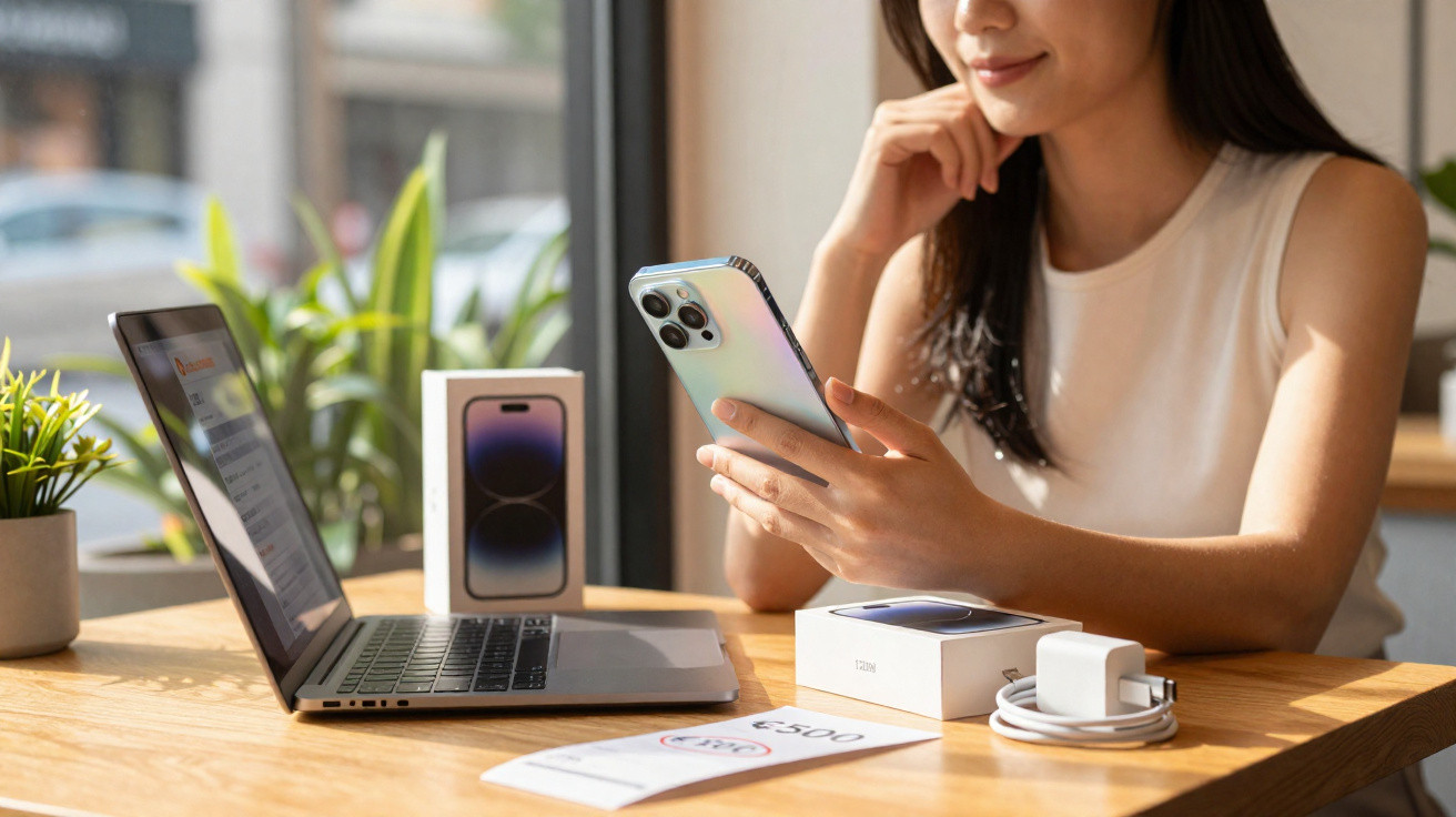 Mulher usando smartphone próximo a notebook, caixa de celular e carregador em mesa de madeira.