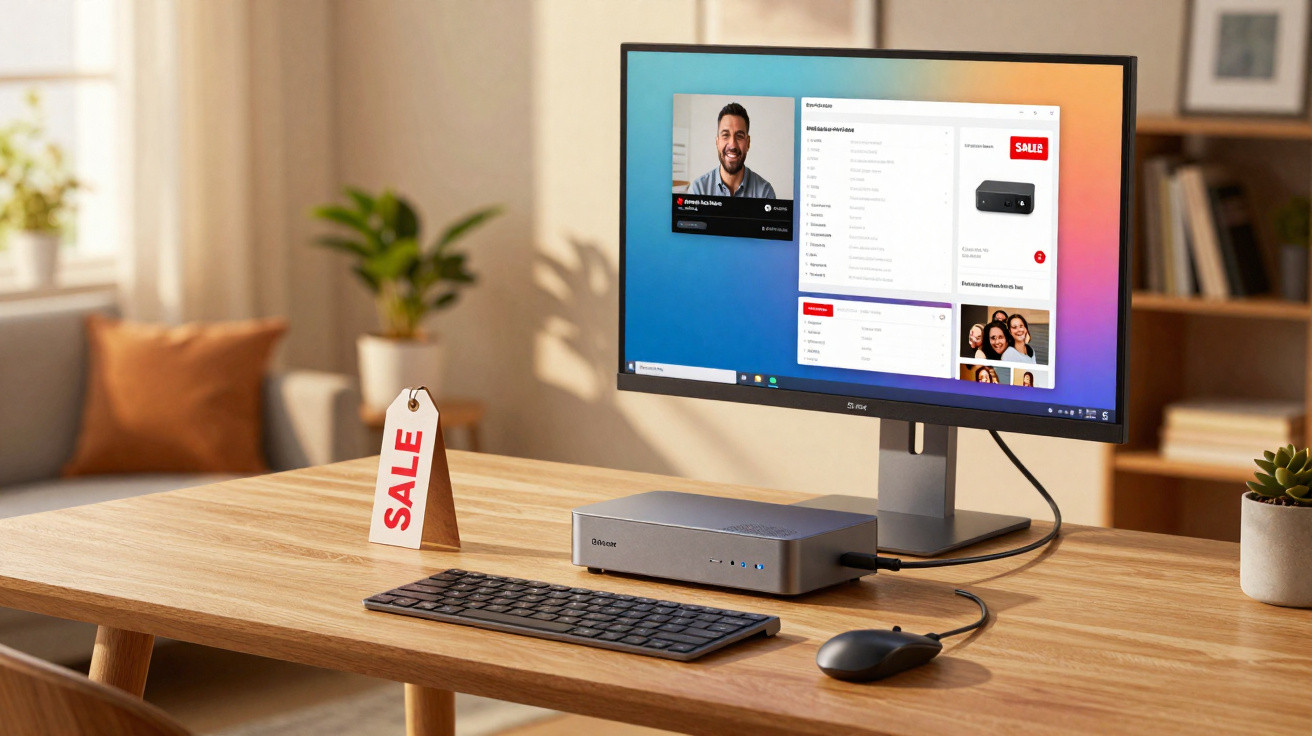 Computador all-in-one com teclado e mouse sobre mesa de madeira com etiqueta de promoção em ambiente moderno.