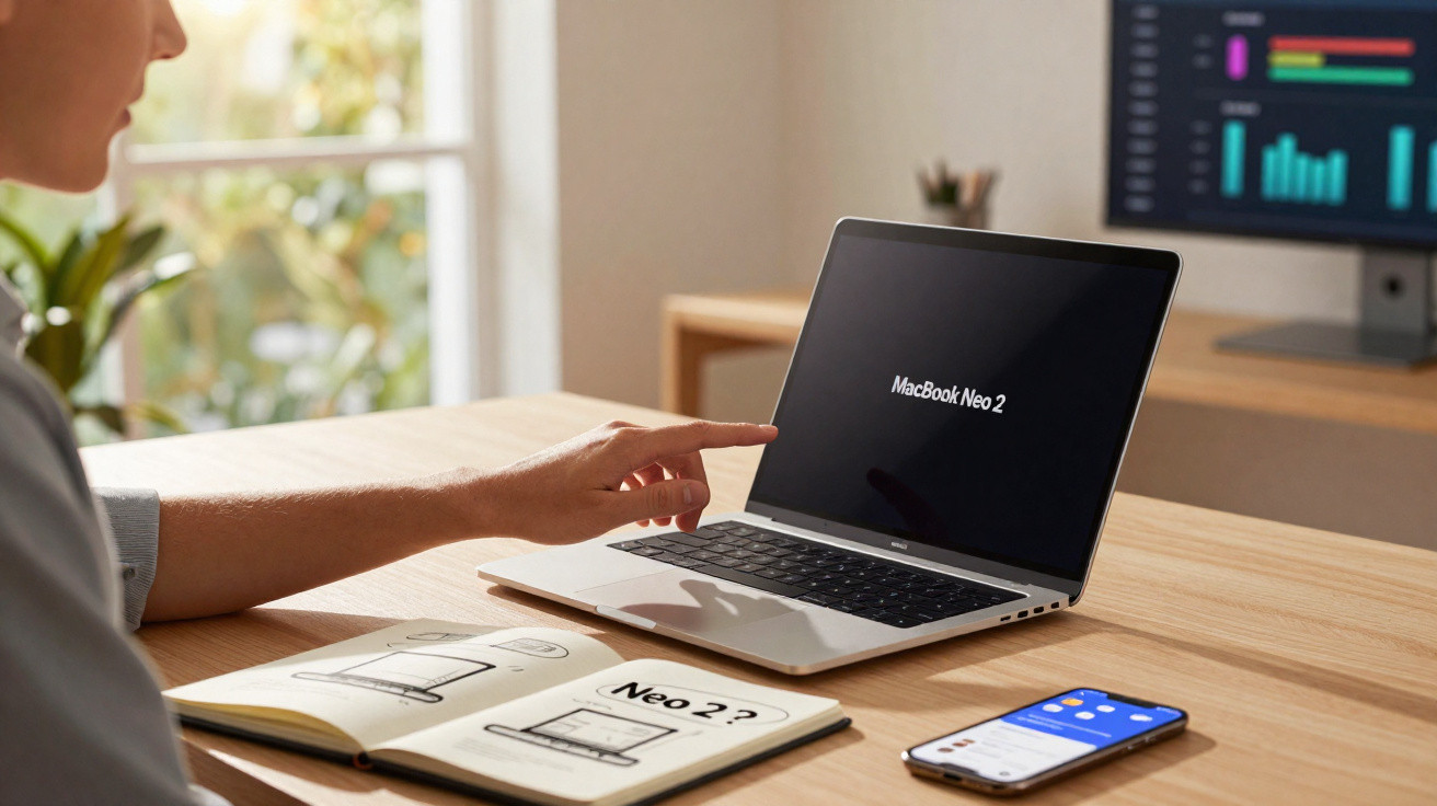 Pessoa apontando para tela de notebook com texto "MacBook Neo 2" em mesa com caderno e celular.