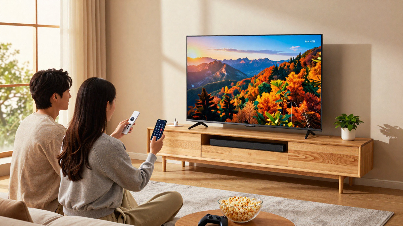 Casal sentado na sala assistindo TV com paisagem de montanhas e árvores coloridas no outono.