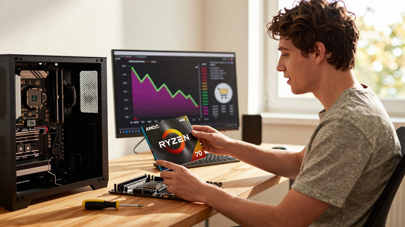 Jovem montando computador segura processador AMD Ryzen 7 enquanto tela mostra gráficos descendentes.
