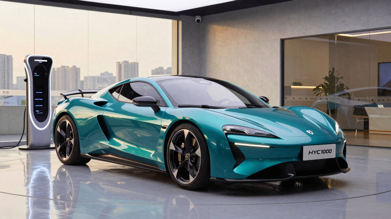 Carro esportivo elétrico azul estacionado em área interna ao lado de estação de recarga.