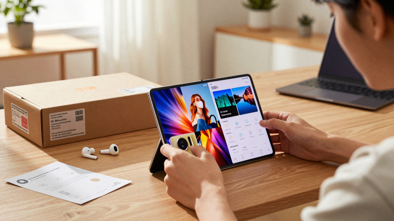 Pessoa segurando tablet dobrável aberto sobre mesa com fones de ouvido e caixa ao lado.