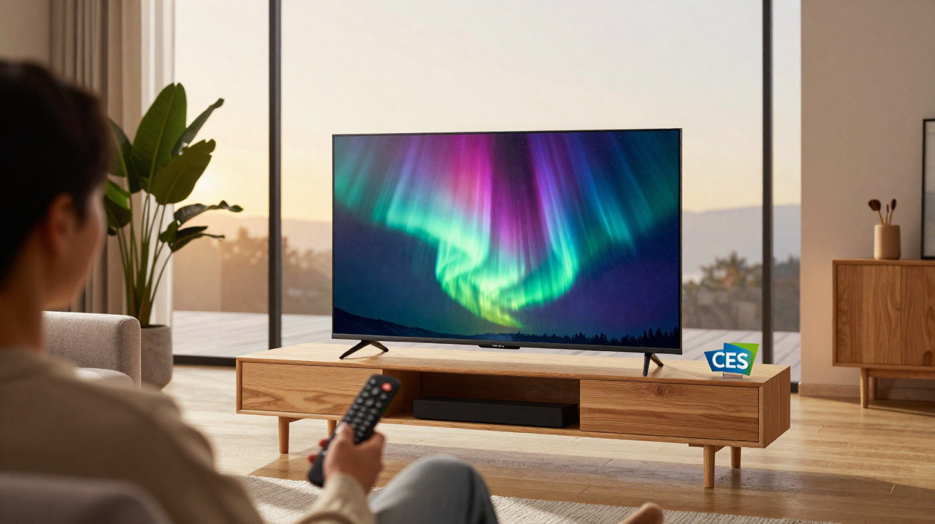 Pessoa assistindo televisão com imagem de aurora boreal em sala moderna e iluminada.