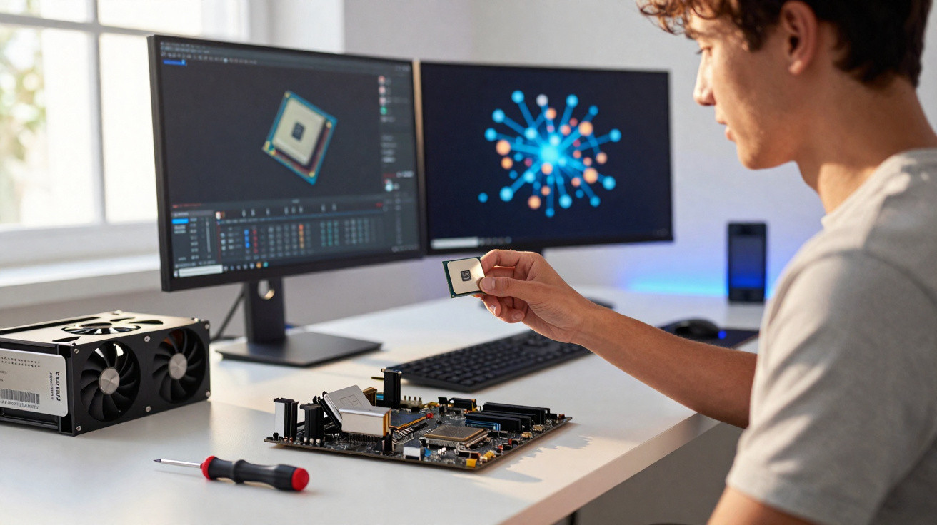 Jovem segurando processador para montar placa-mãe em mesa com dois monitores e ferramentas.