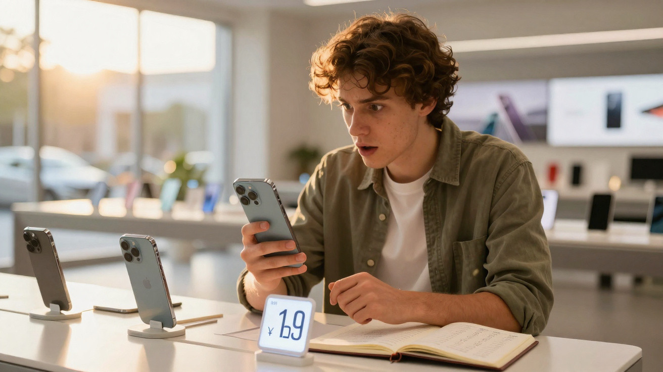 Jovem surpreso olhando para celular em loja de eletrônicos ao lado de smartphones expostos e caderno aberto.