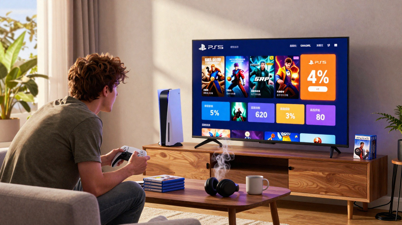 Jovem jogando videogame PS5 em sala iluminada, com controle na mão e TV exibindo jogos.