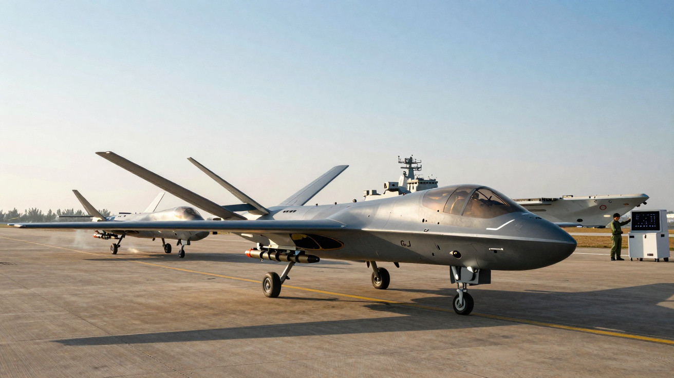Drones militares de asa fixa estacionados em base aérea com navio de guerra ao fundo.