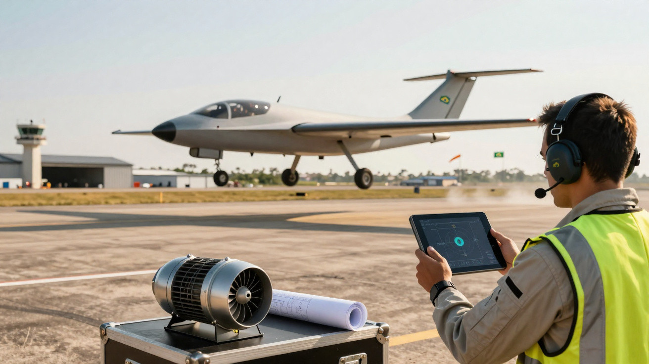 Engenheiro com tablet monitora drone voando sobre pista de aeroporto durante o dia.