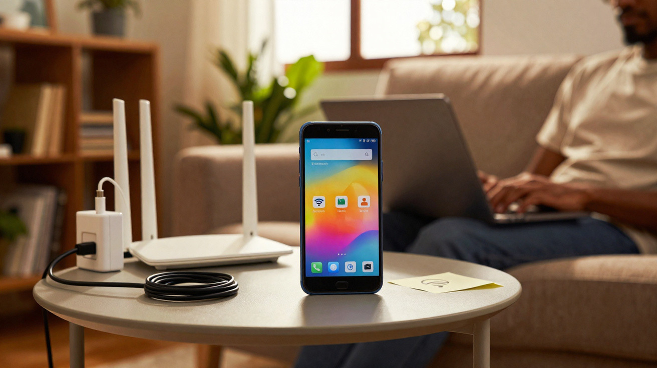 Celular conectado a roteador em mesa com homem ao fundo usando notebook no sofá.