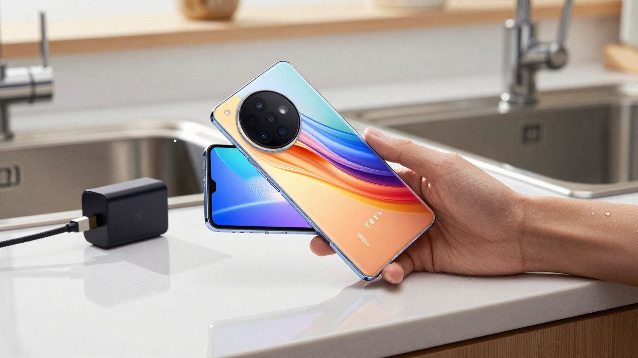 Mão segurando smartphone Xiaomi com fundo colorido e câmera circular, próximo a bancada de cozinha com torneira.
