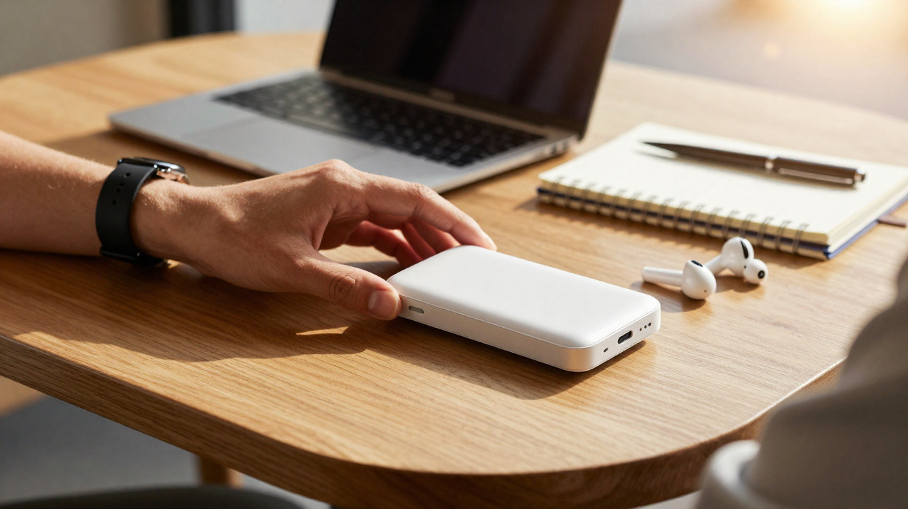 Mão pousando power bank branco sobre mesa com notebook, caderno, caneta e fones de ouvido sem fio.