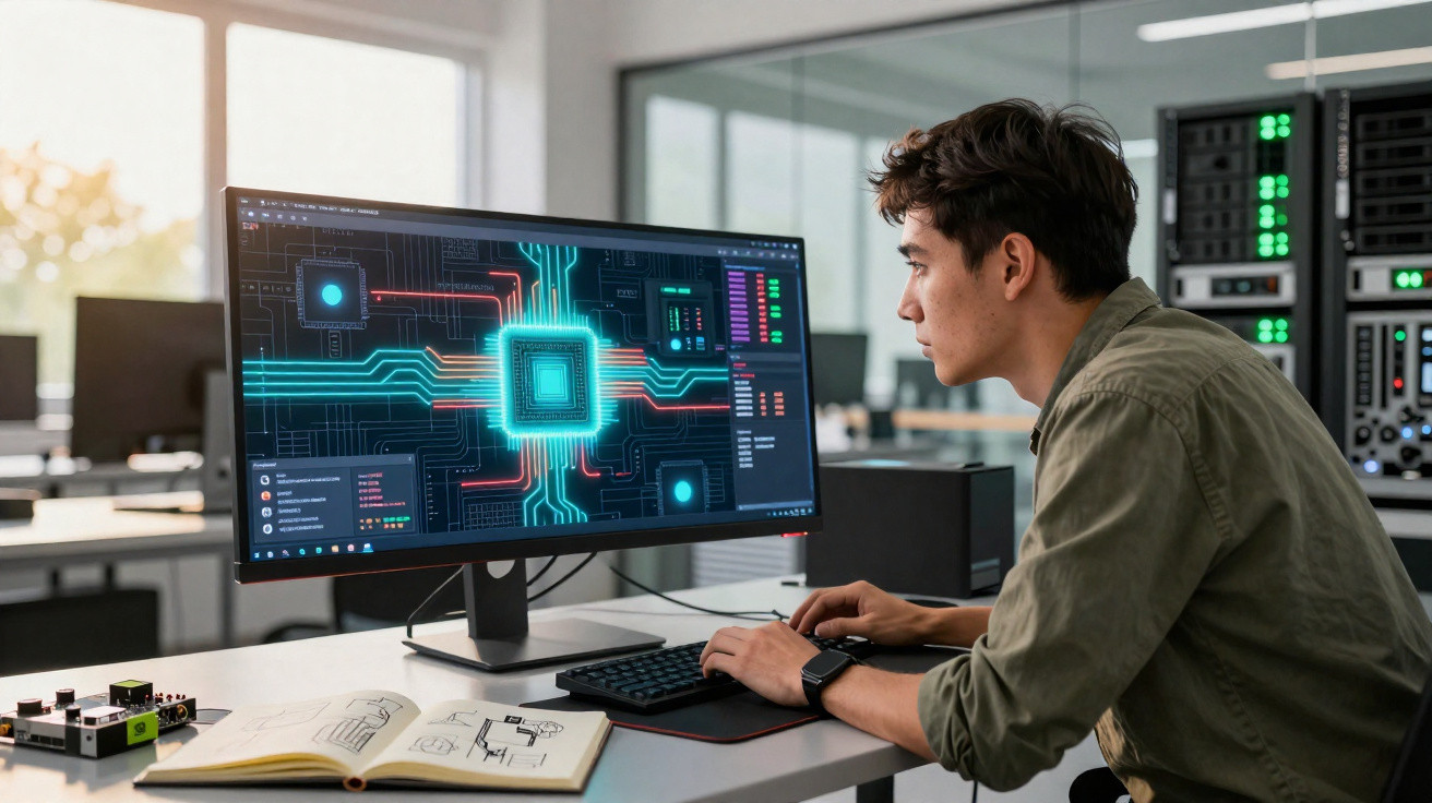 Jovem programador analisa gráficos e circuitos digitais em computador na mesa de escritório moderno.