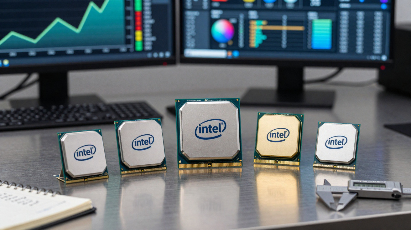 Processadores Intel de diferentes tamanhos alinhados sobre mesa com dois monitores ao fundo.