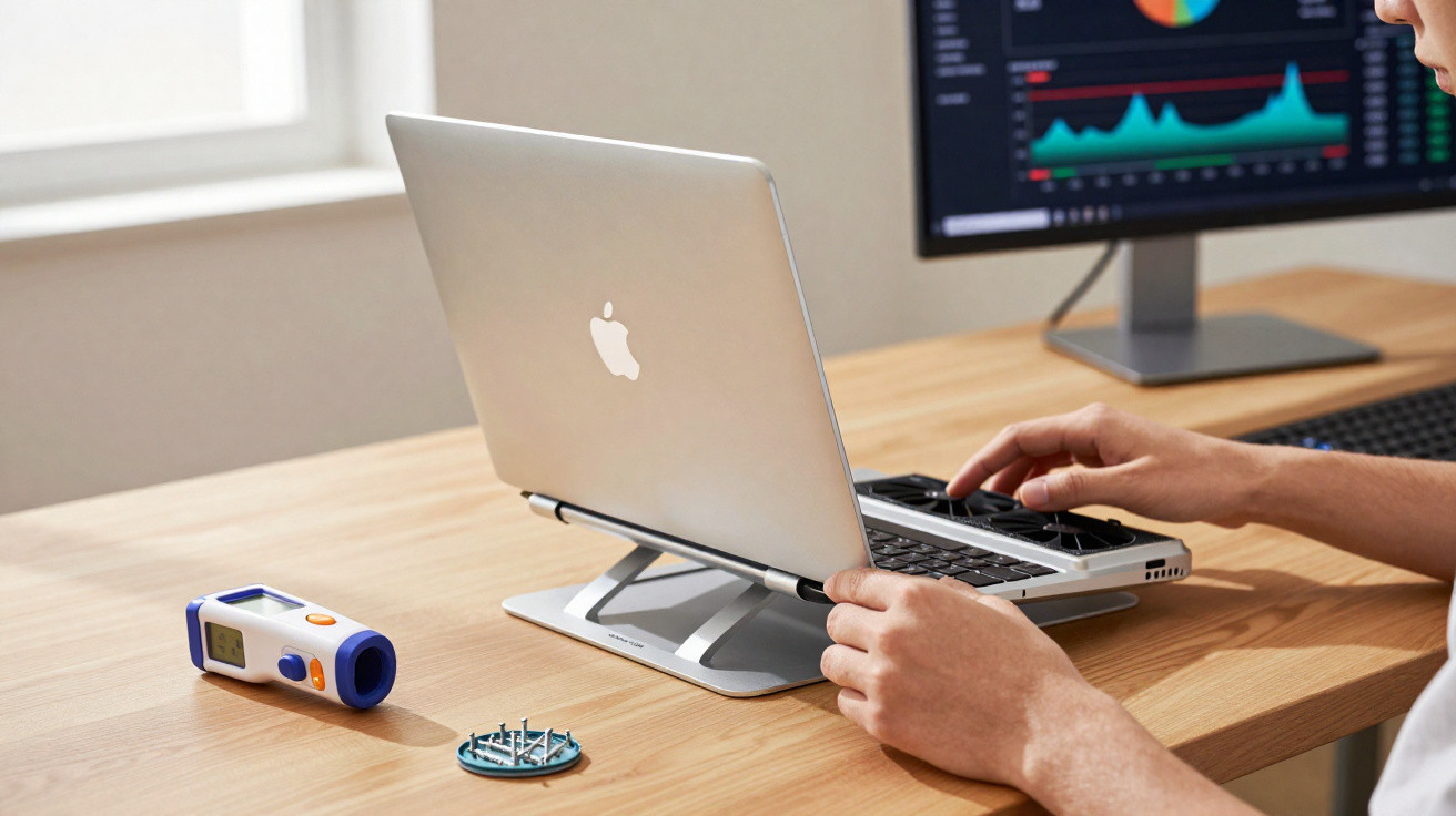 Pessoa trabalhando em laptop Apple em mesa de madeira com ferramentas e monitor ao fundo.