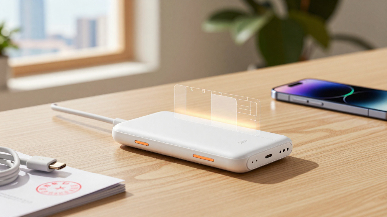 Carregador portátil branco com botões laranja e smartphone sobre mesa de madeira em ambiente iluminado.