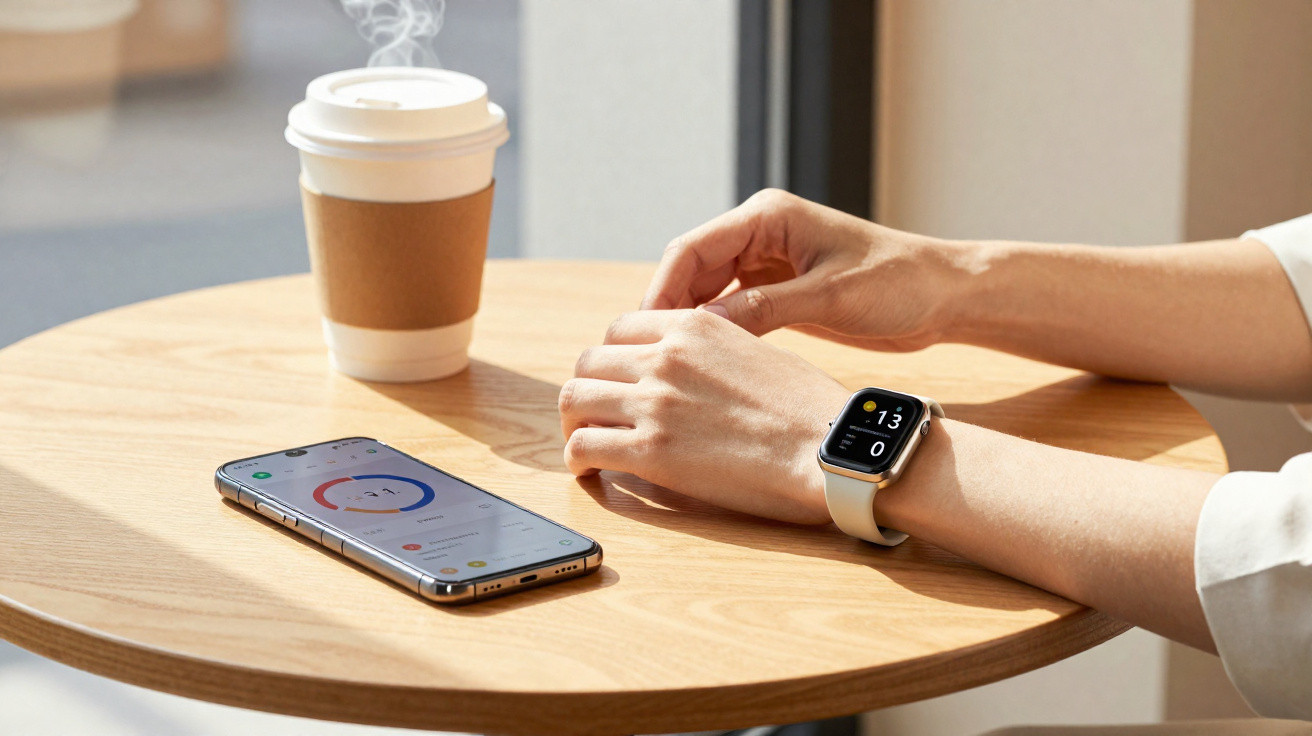 Mesa de madeira com café, celular exibindo aplicativo e pessoa usando smartwatch branco.