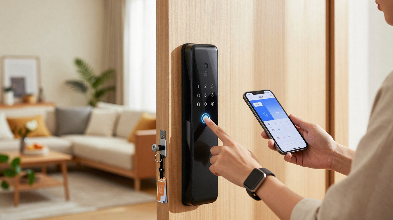 Mão feminina usando smartphone e fechadura digital para abrir porta de madeira em ambiente residencial moderno.