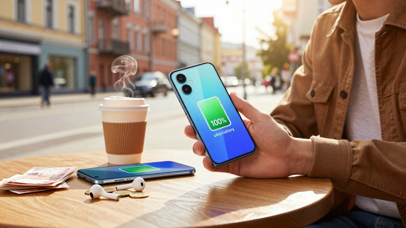 Pessoa segurando smartphone com bateria 100% ao lado de copo de café, fones e dinheiro sobre mesa na rua.