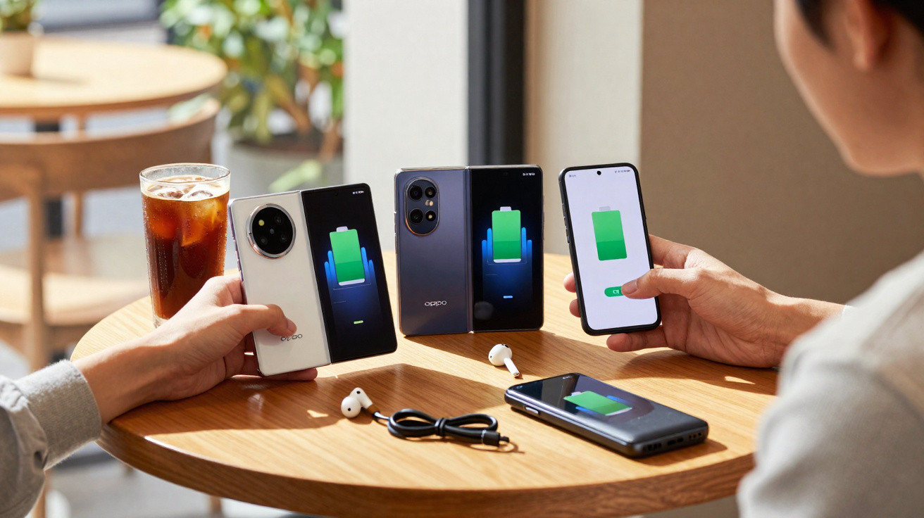 Pessoa segurando três smartphones em mesa redonda com dois celulares e fones, todos carregando a bateria.