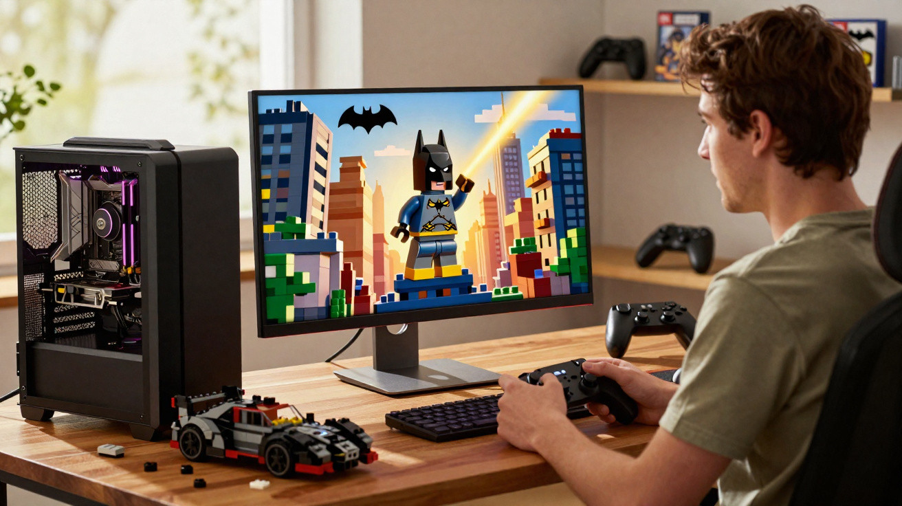 Homem jogando jogo de Batman LEGO no computador em mesa com carro de LEGO e controles.