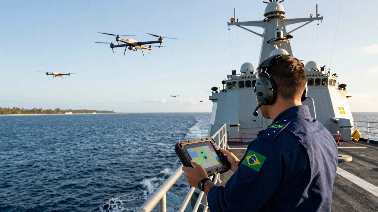 Militar brasileiro no convés de navio controlando drones sobre o mar em dia claro.