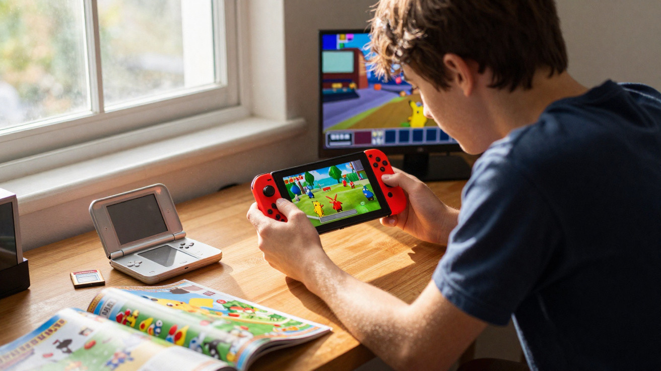Jovem jogando videogame portátil vermelho em mesa com jornal, portátil e monitor ao fundo.