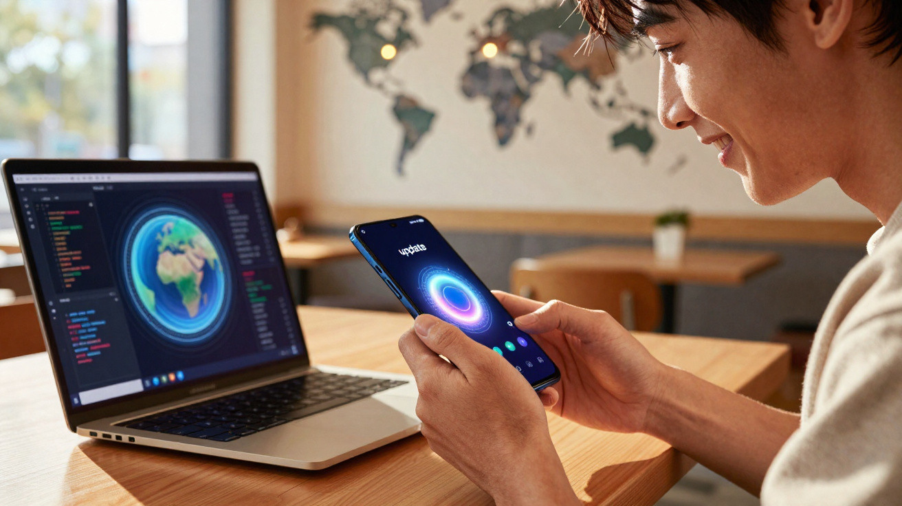 Pessoa segurando smartphone com tela de atualização ao lado de laptop exibindo mapa digital da Terra.