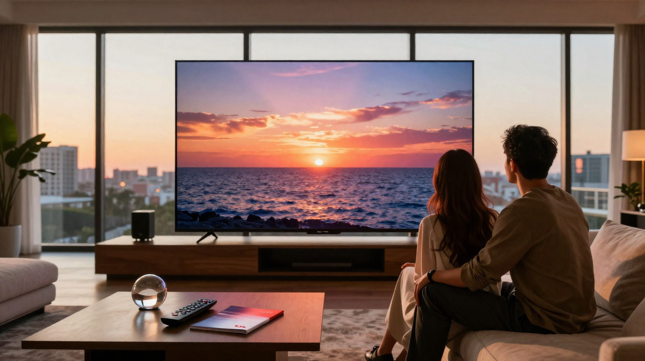 Casal sentado no sofá assistindo pôr do sol na TV em uma sala moderna com vista para a cidade.