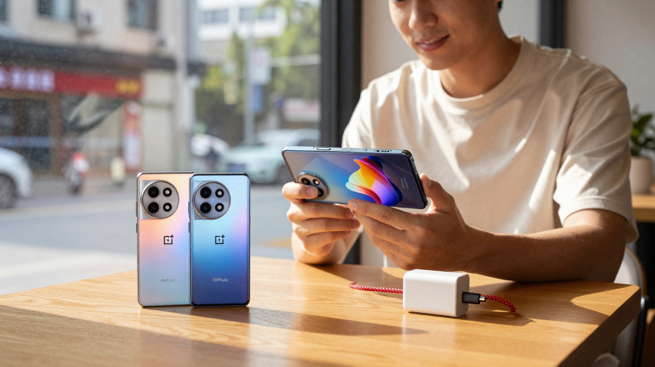 Homem segurando smartphone colorido com dois smartphones similares e carregador sobre mesa de madeira.