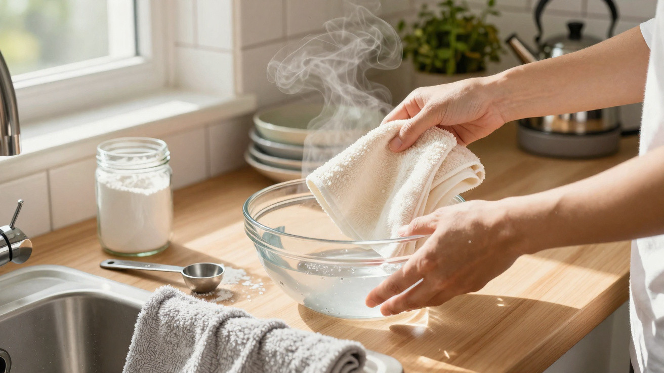Mãos seguram pano branco limpando tigela de vidro com vapor sobre bancada de madeira na cozinha.