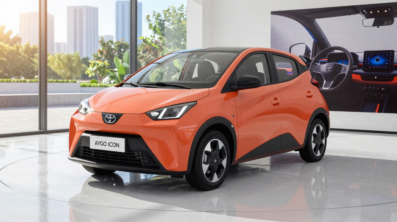 Carro hatchback compacto laranja Toyota Aygo Icon exposto em showroom moderno com painel digital.