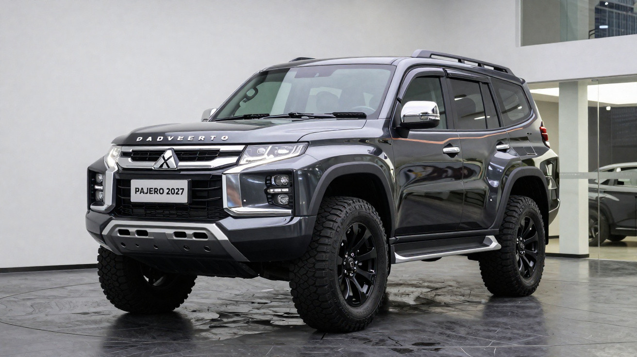 Carro SUV cinza escuro modelo Pajero 2027 estacionado em ambiente interno moderno.