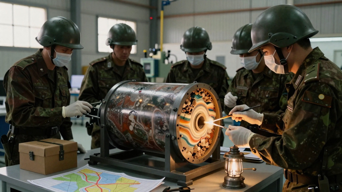 Militares de capacete e máscara estudam modelo cilíndrico colorido em mesa com mapa em ambiente interno.