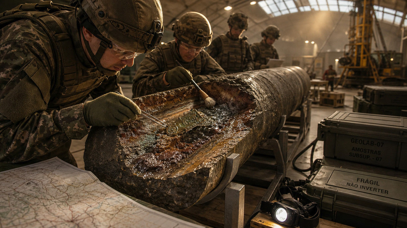 Soldados militares analisam equipamentos tecnológicos dentro de um grande objeto cilíndrico corroído em galpão.