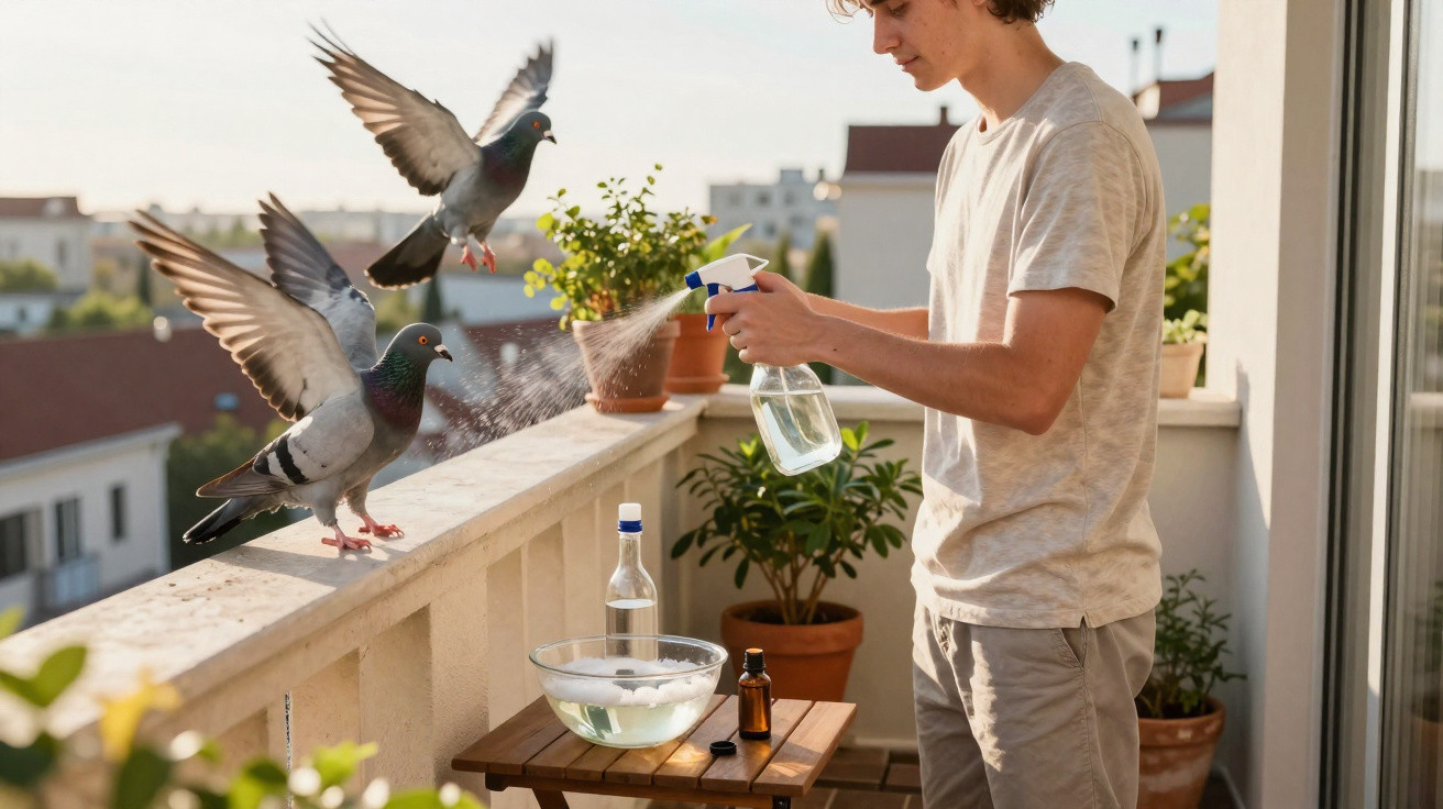 Jovem borrifando água em pombos no parapeito da varanda ensolarada, com plantas ao fundo.