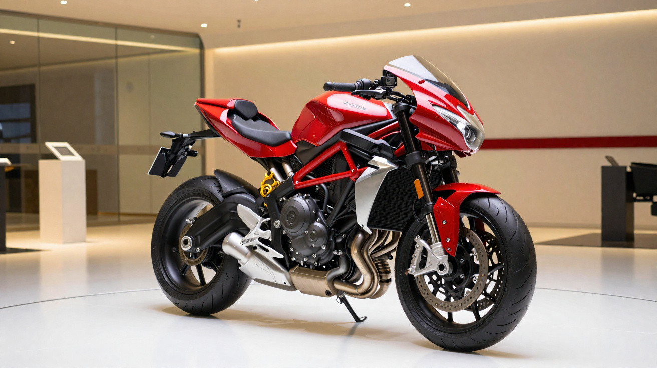 Moto esportiva vermelha em exposição, com design moderno e carenagem aerodinâmica.