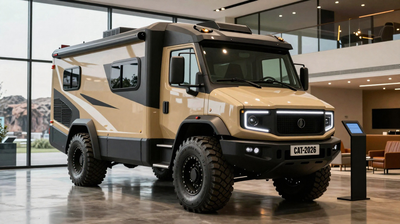 Veículo off-road tipo motorhome bege exposto em showroom com grandes janelas e decoração moderna.