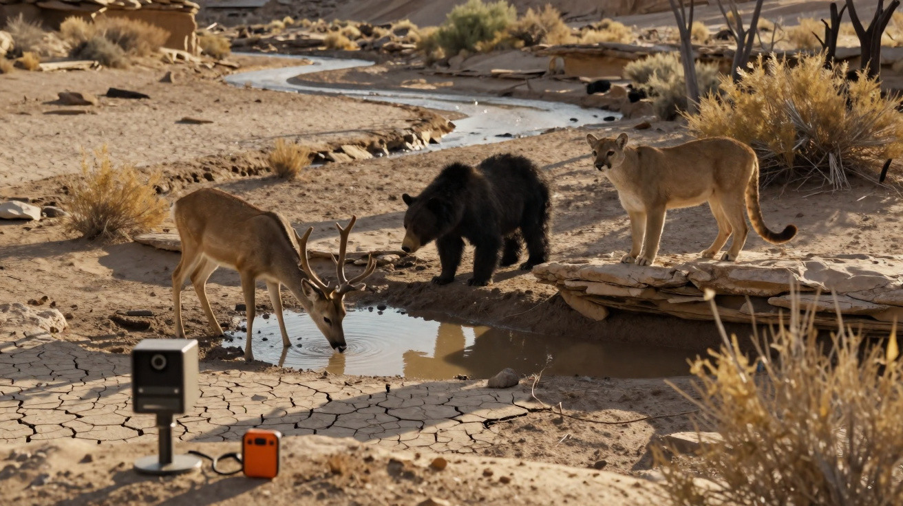 Cervo, urso e puma reunidos perto de riacho seco em paisagem árida com vegetação esparsa.