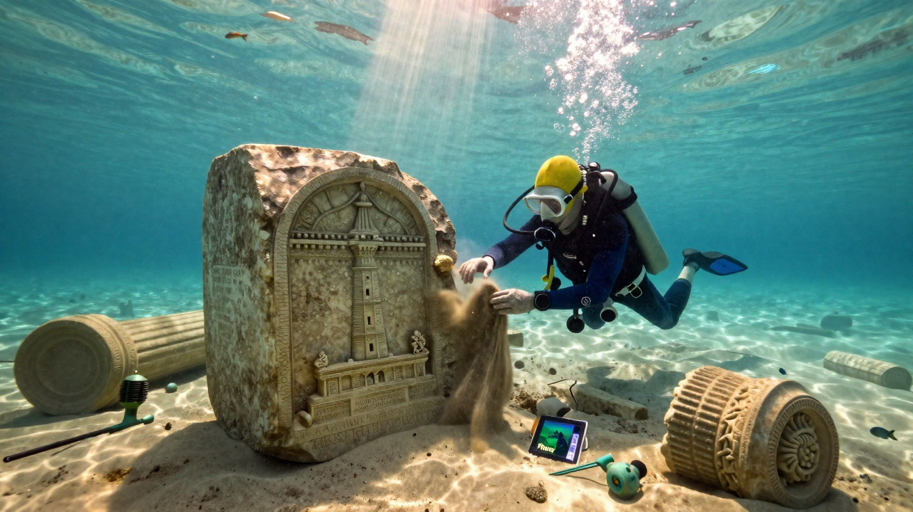 Mergulhador explorando ruínas subaquáticas com colunas e pedra decorada no fundo do mar ensolarado.