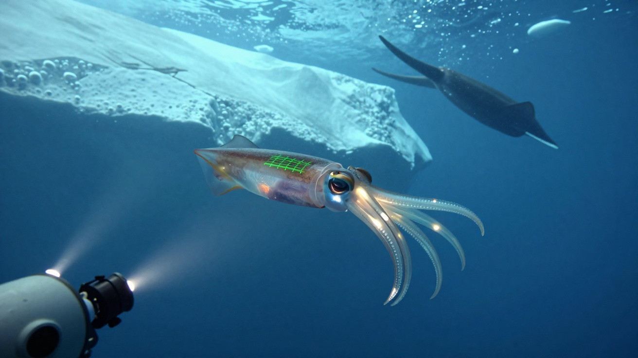 Lula iluminada por equipamento submarino, com outra lula e icebergue ao fundo em água azul profunda.