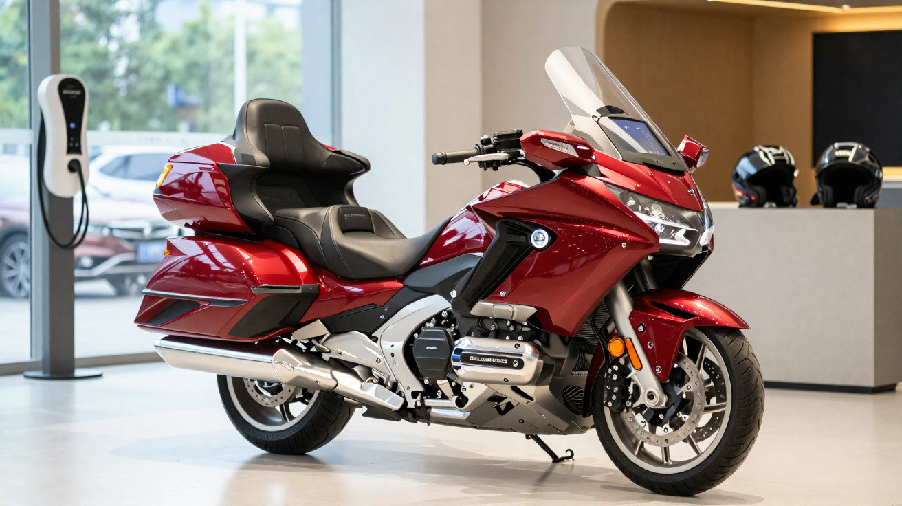 Motocicleta Touring vermelha estacionada em showroom com carregador elétrico e capacetes ao fundo.