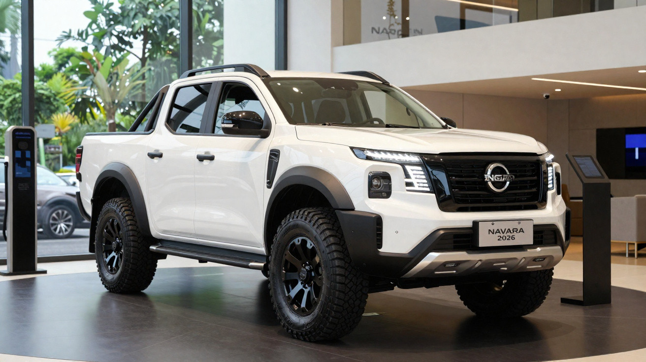 Picape branca Nissan Navara 2026 em exposição interna com pneus robustos e detalhes pretos.