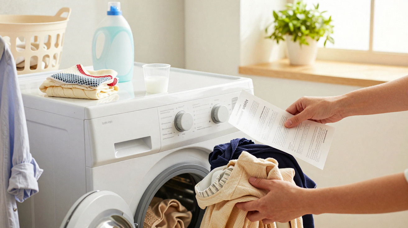 Pessoa segurando roupas e manual ao lado de máquina de lavar roupa branca com produtos em cima.