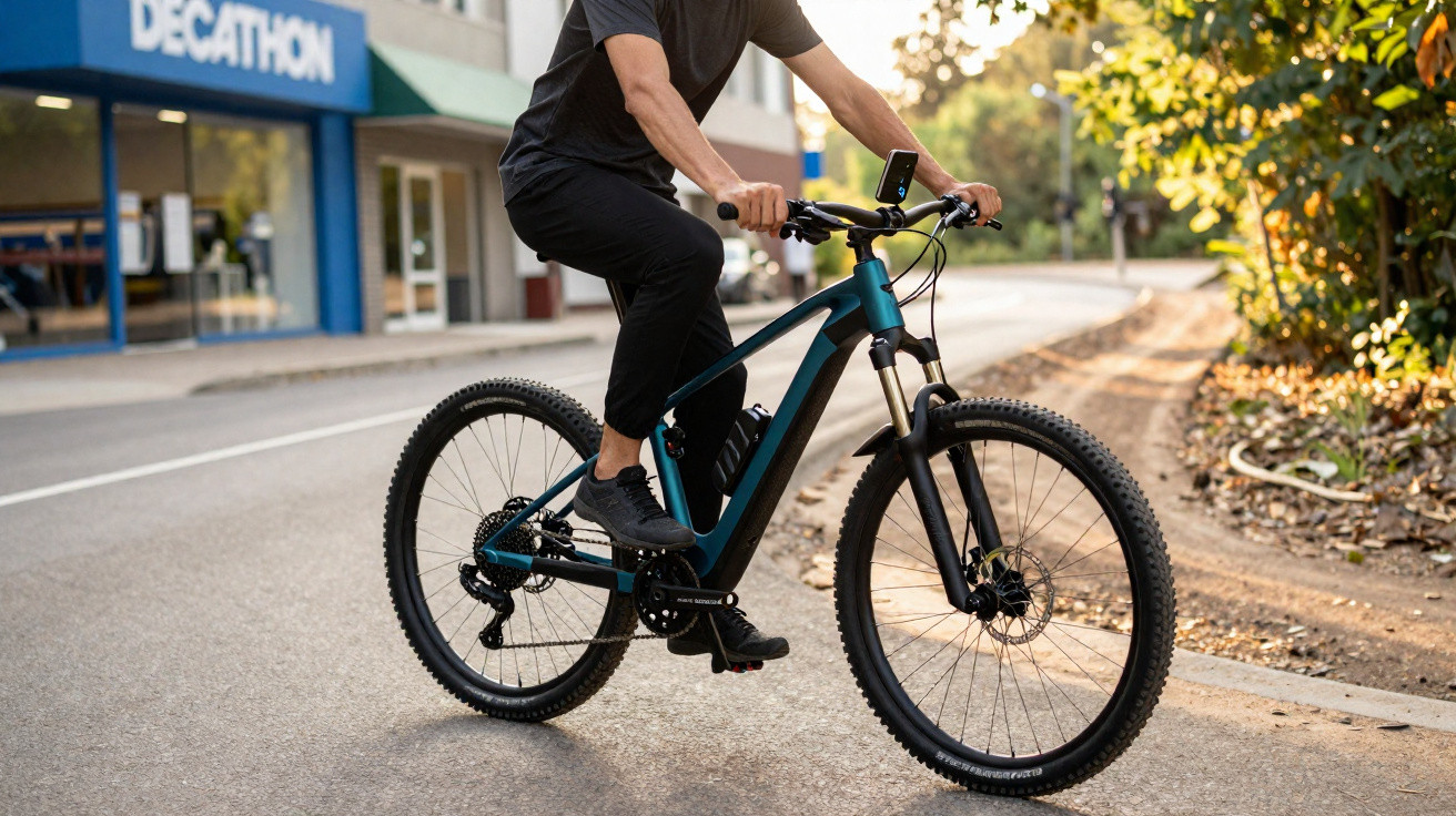Pessoa pedalando bicicleta elétrica azul em rua próxima a loja Decathlon ao entardecer.