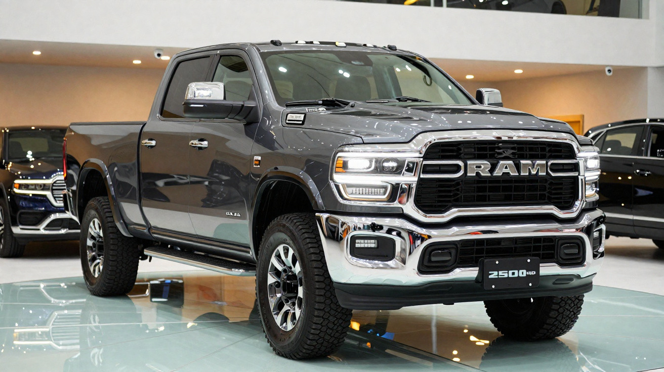 Picape RAM 2500 preta exibida em salão de automóveis com acabamento cromado e faróis acesos.