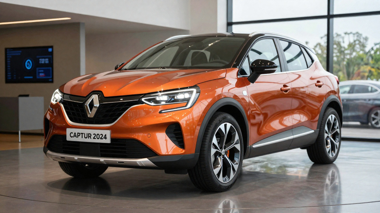 SUV Renault Captur 2024 na cor laranja exibido em showroom moderno com pneus e faróis destacados.