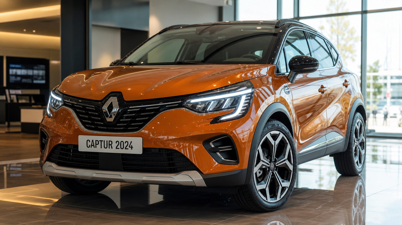 Carro SUV Renault Captur 2024 laranja em exposição dentro de loja com luz natural entrando pelas janelas.